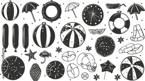 Black and white summer beach elements: beach balls, umbrellas, floats, and more