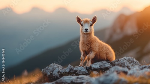 A playful young goat poses on a rock with a magnificent mountain view in the background, highlighting the beauty of wildlife and the great outdoors in a serene setting.