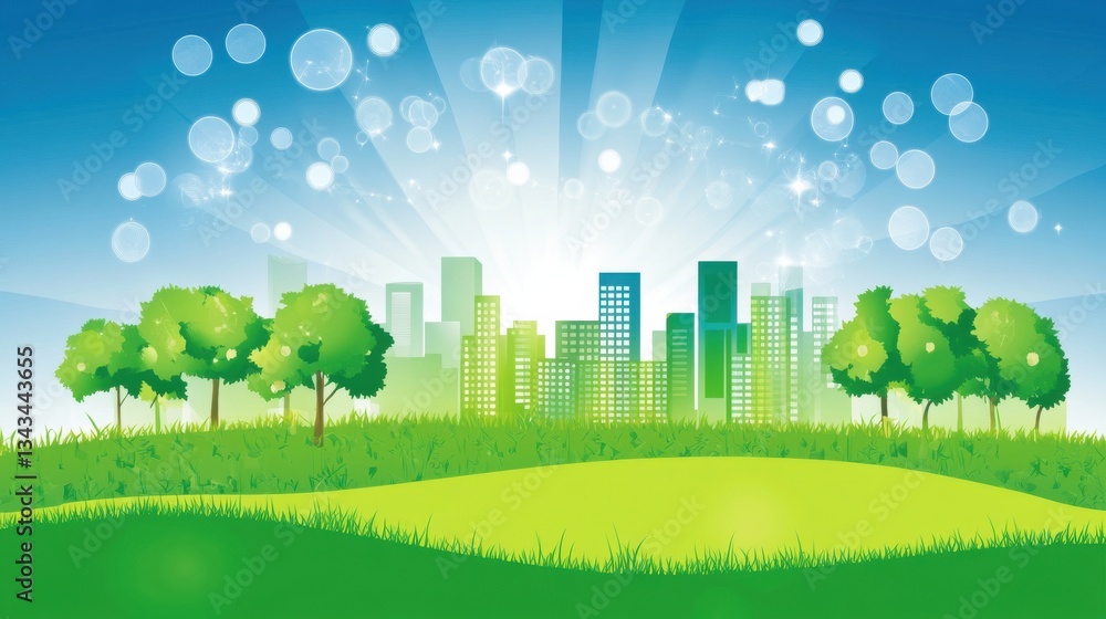 Bright City Skyline with Trees on a Vibrant Green Meadow Bright City Skyline with Trees on a Vibrant Green Meadow