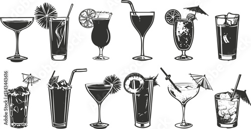 Variety of retro black and white cocktail illustrations with glass and fruit garnishes