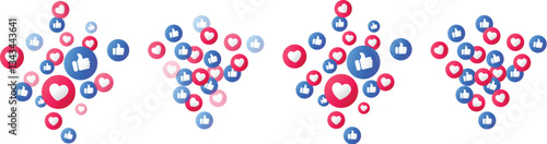 Thumbs up and hearts emoji icons floating on transparent background, representing positive feedback and approval on Facebook, Instagram and social media platforms