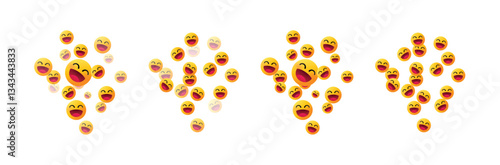 Laughing yellow face emojis buttons elements flying on transparent background, Facebook icons expressing joy, happiness, humor, reaction and positive emotions