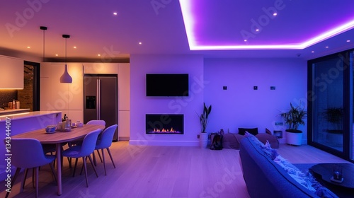 Modern open-plan kitchen-living area lit by colorful LED strip lights.  Possible use Interior design, home improvement photo