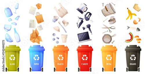 Garbage over trash bins. Waste management concept: segregation, separation, trash bins, sorting, recycling, trash can. Paper, plastic, scrap metal, glass, organic waste, e-waste.