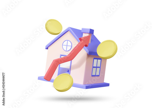 3D illustration vector render of house icon, up arrow, and coin. Concept of growth and financial wealth in real estate, investment, profit, property, business, isolated on white background.