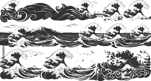 Japanese wave patterns with mountain and flying birds in black and white design