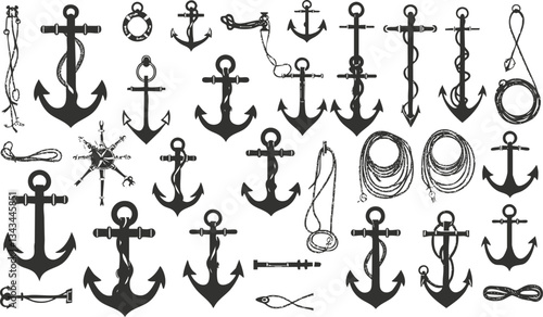 Nautical anchor silhouettes and ropes collection for maritime design