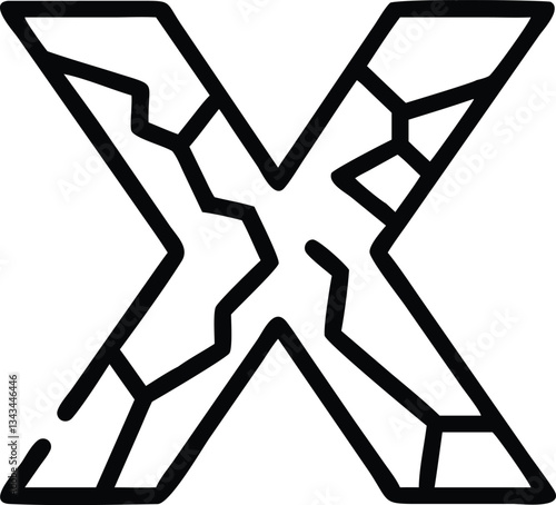 A fractured and angular X letter design with a cracked and broken appearance for a strong visual impact