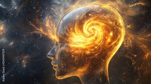 Abstract representation of a human head with cosmic energy spiraling from the mind in vibrant colors and stunning details for creative projects