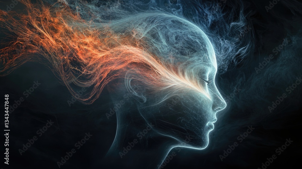 Obraz premium Ethereal Portrait of a Female Figure Emerging from Vibrant Smoke and Light Patterns in a Dreamlike Abstract Background