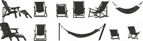 Collection of silhouetted outdoor chairs and hammocks in various designs