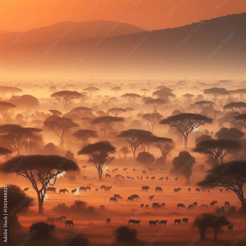 Obraz premium A savannah landscape at dawn with wildlife starting to stir