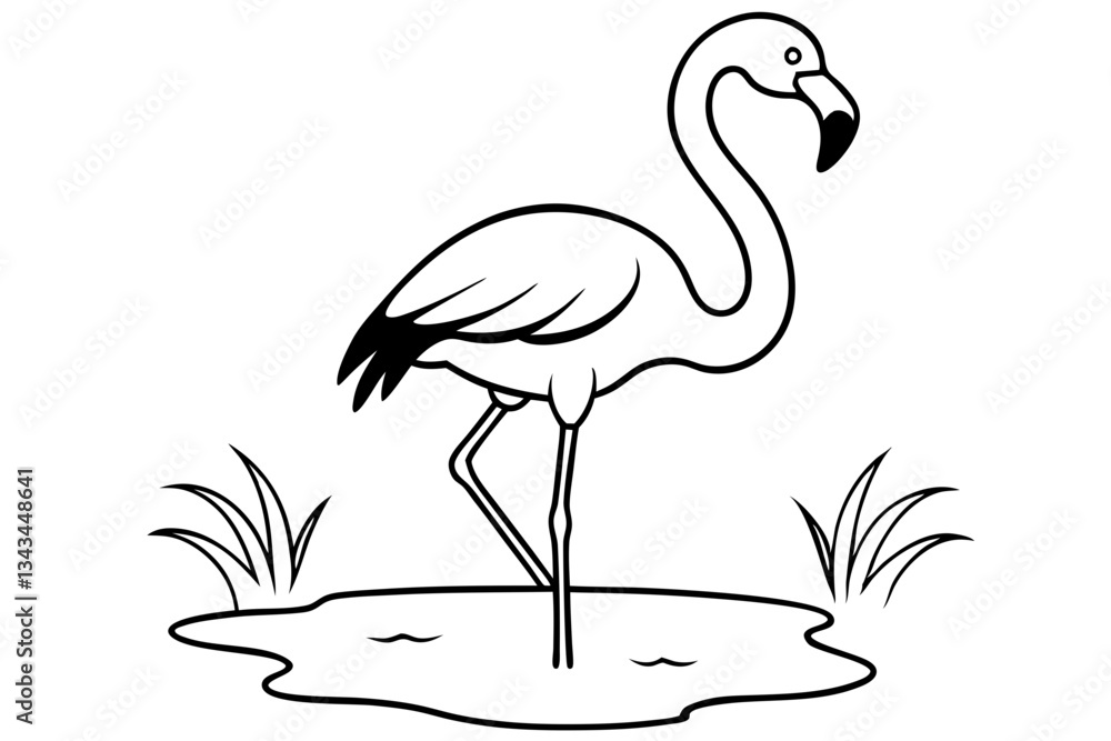 Fototapeta premium flamingo wading in a pond with the sun shining line art silhouette vector illustration