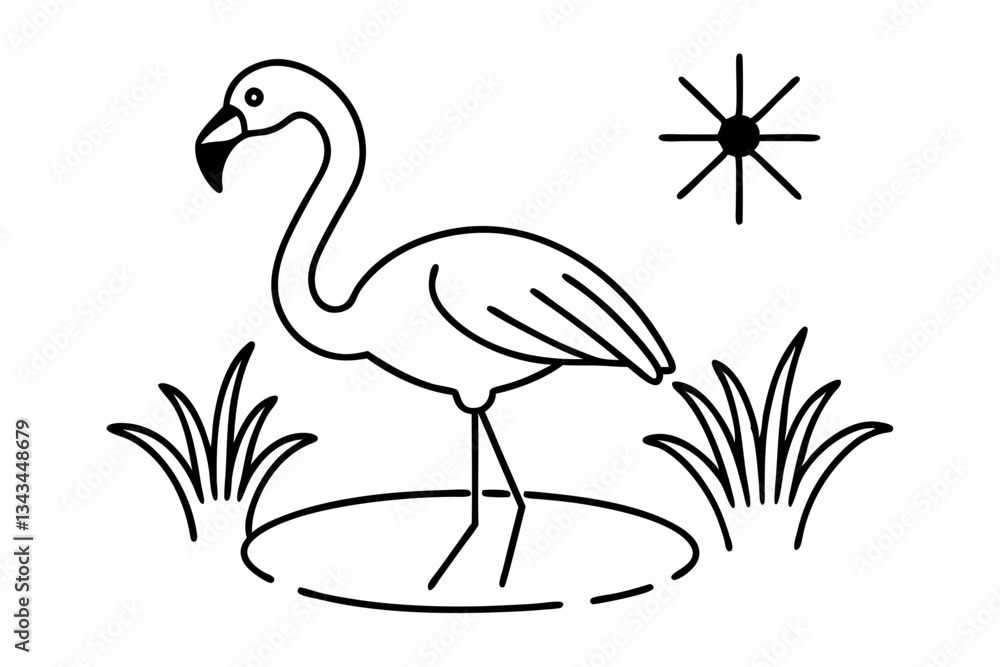 Obraz premium flamingo wading in a pond with the sun shining line art silhouette vector illustration