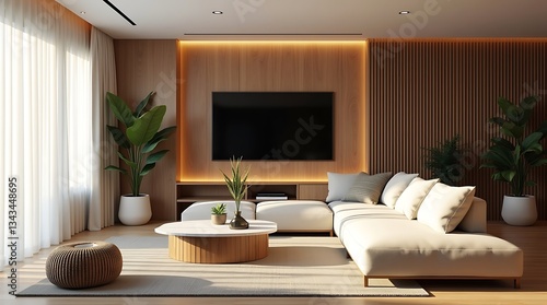 Wallpaper Mural A stylish contemporary living room designed with a mix of natural wood elements and earthy tones. The space features a sleek sectional sofa with soft linen fabric, a modern marble-top coffee table, an Torontodigital.ca