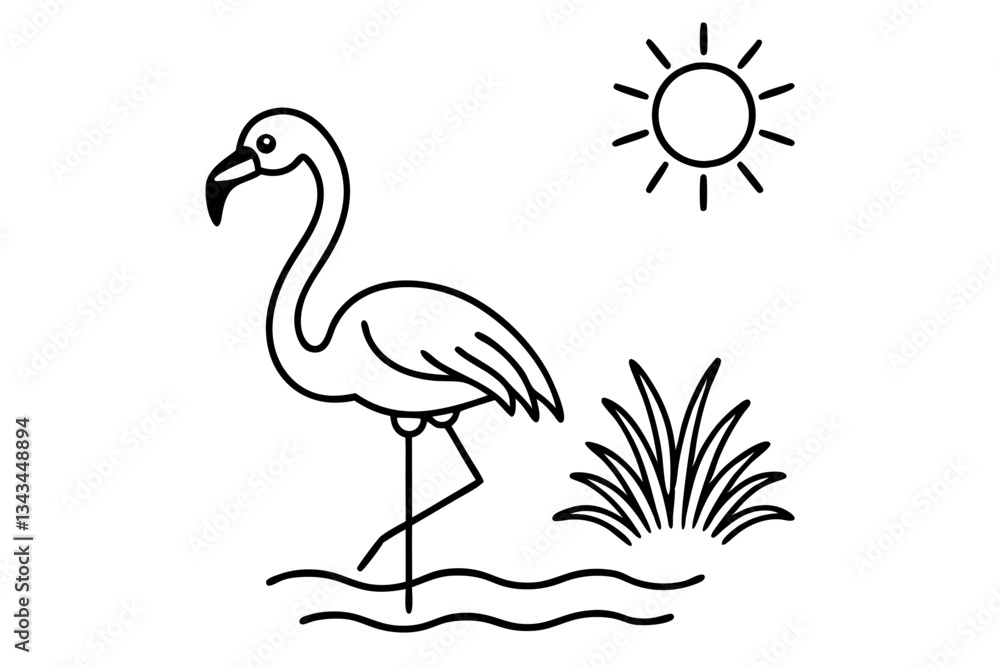 Obraz premium flamingo wading in a pond with the sun shining line art silhouette vector illustration