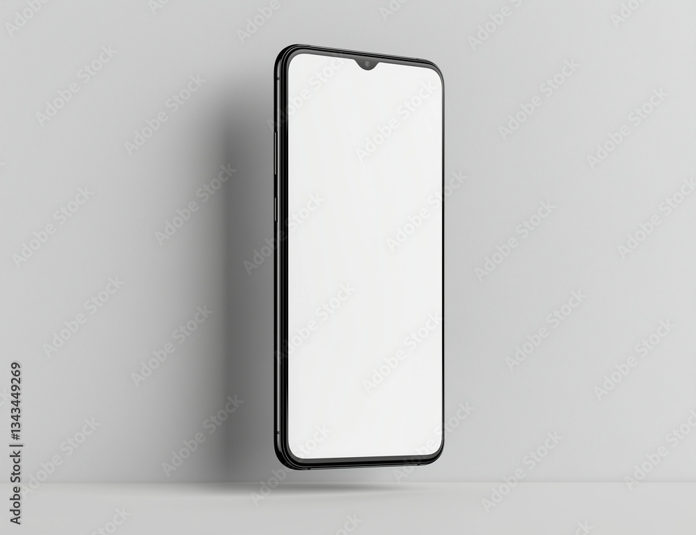 sleek black smartphone with blank white screen, elegantly positioned against minimalist gray background, perfect for showcasing digital content or app designs sleek black smartphone with blank white screen, elegantly positioned against minimalist gray background, perfect for showcasing digital content or app designs