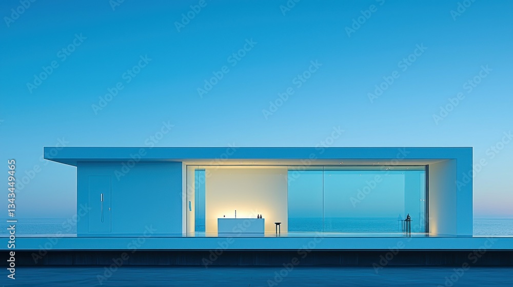 Modern coastal house at twilight, minimalist design Modern coastal house at twilight, minimalist design