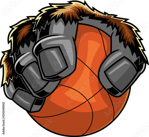 Gorilla Claw Holding Basketball Mascot Logo. Vector Hand Drawn Illustration Isolated On Transparent Background
