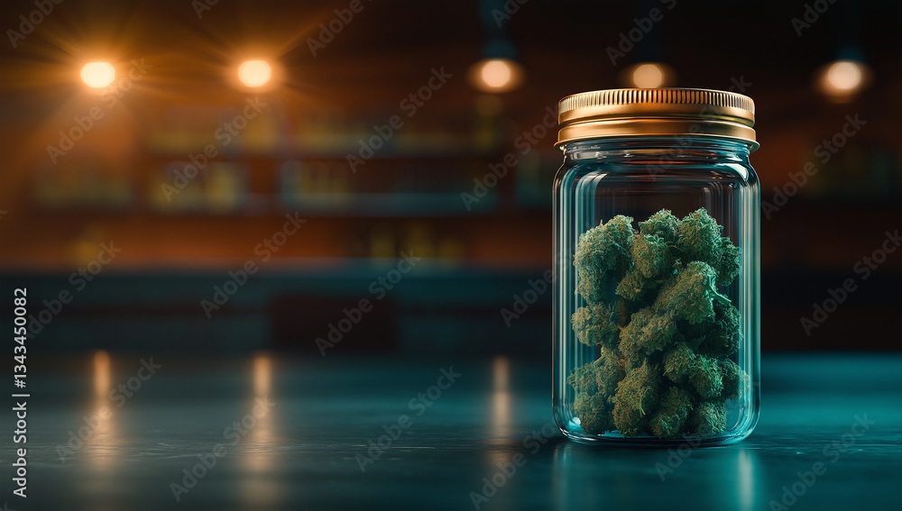 glass jar filled with cannabis buds sits on table in coffee shop, illuminated by warm lights. scene conveys relaxed and inviting atmosphere glass jar filled with cannabis buds sits on table in coffee shop, illuminated by warm lights. scene conveys relaxed and inviting atmosphere