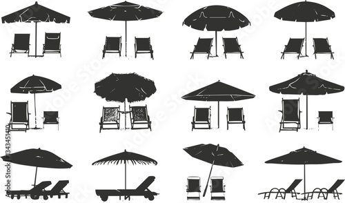 Collection of silhouetted beach umbrellas and lounge chairs in various arrangements
