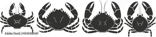 Silhouette illustration of four diverse crabs with unique claw designs