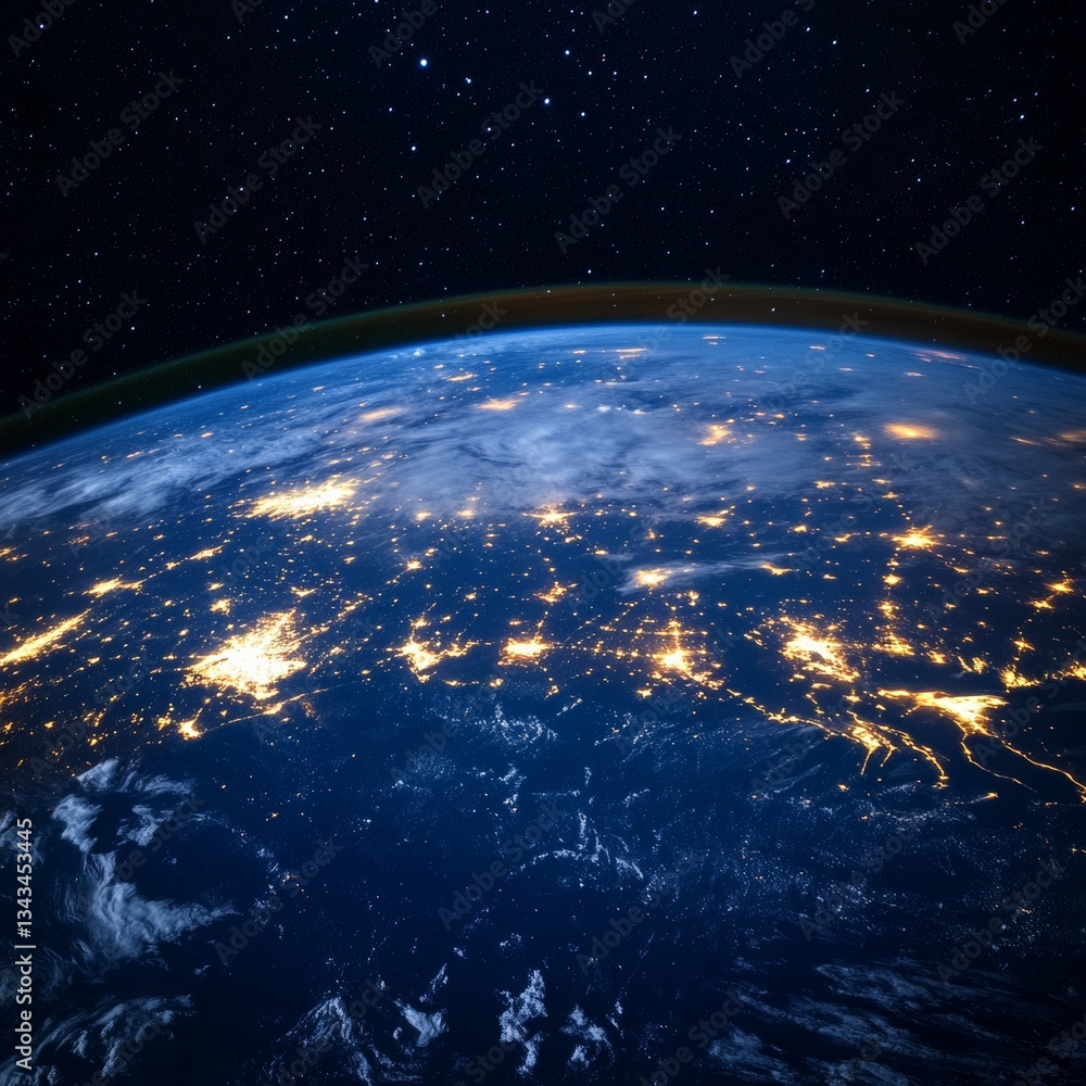 Obraz premium Night view of Earth from space, showing glowing communication lines representing global connectivity. 