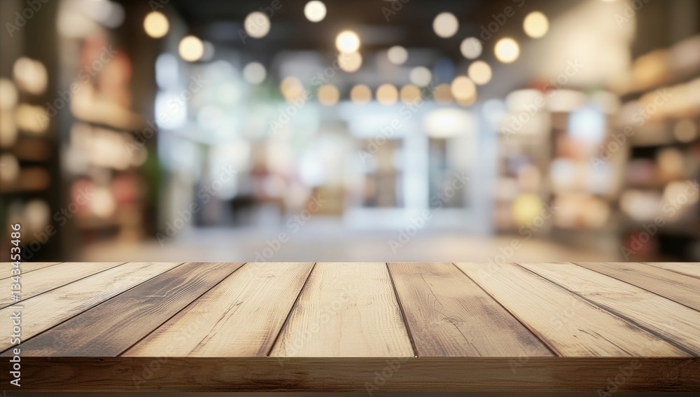 Wooden tabletop, blurred store background Wooden tabletop, blurred store background