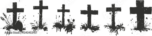 Monochrome graveyard crosses with grass and soil silhouettes