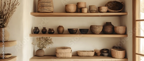Wallpaper Mural Aesthetic display of woven baskets and pottery on wooden shelves, creating a warm and inviting atmosphere in home decor. Perfect for showcasing craftsmanship and minimalist living. Torontodigital.ca