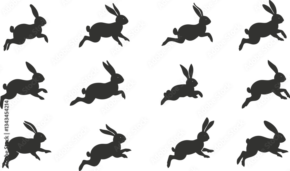 Silhouette of running rabbits illustration pattern in black and white