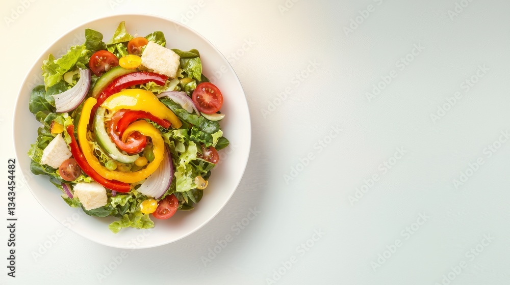 Delightful vibrant salad served in a white bowl featuring a colorful array of fresh vegetables and garnishes Delightful vibrant salad served in a white bowl featuring a colorful array of fresh vegetables and garnishes