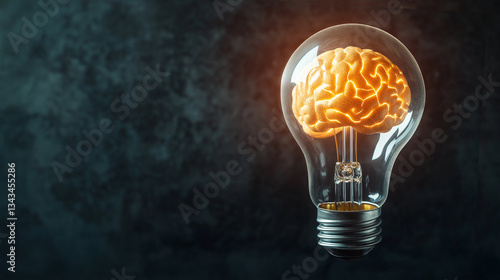 An intelligent brain Illumination in a creative light bulb.Creative brain inside of light bulb on background for copy space.