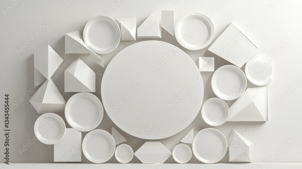 Abstract Composition of White Geometric Shapes on Wall Surface Abstract Composition of White Geometric Shapes on Wall Surface