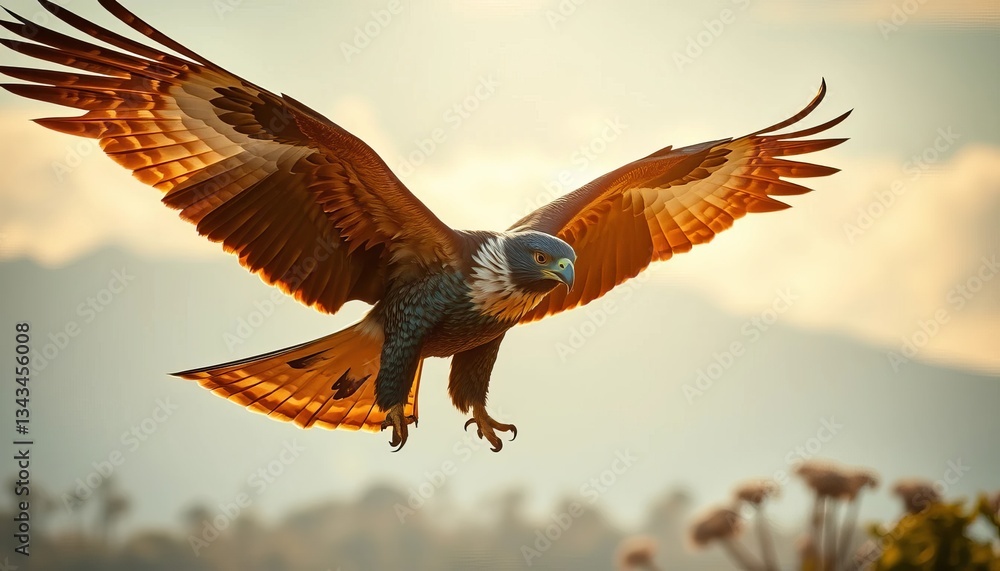 Obraz premium Majestic bird of prey in flight, wings outstretched against a soft, golden sunrise sky, showcasing its powerful build and vibrant plumage