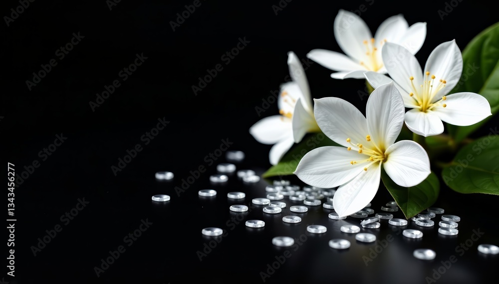 Obraz premium Elegant white flowers surrounded by shimmering sequins on dark black background, design, background