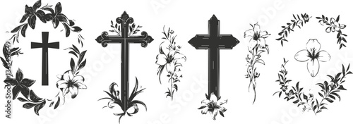 Floral cross designs with ornamental motifs and botanical elements