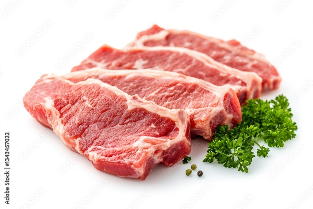 Fresh lamb chops with parsley and peppercorns resting on white background Fresh lamb chops with parsley and peppercorns resting on white background