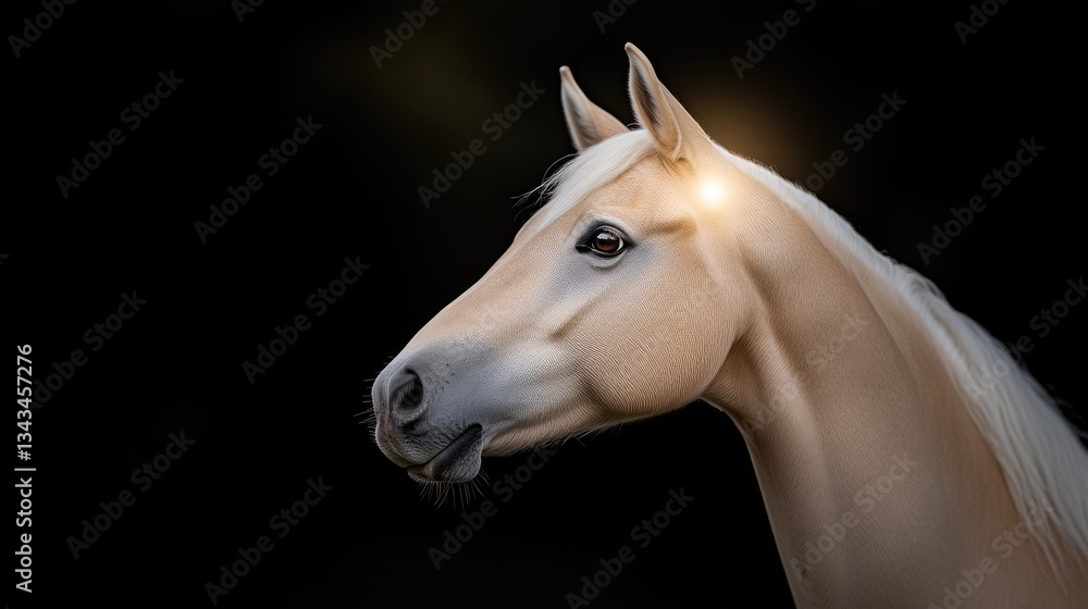 Fototapeta premium Cream-colored horse head portrait, glowing aura