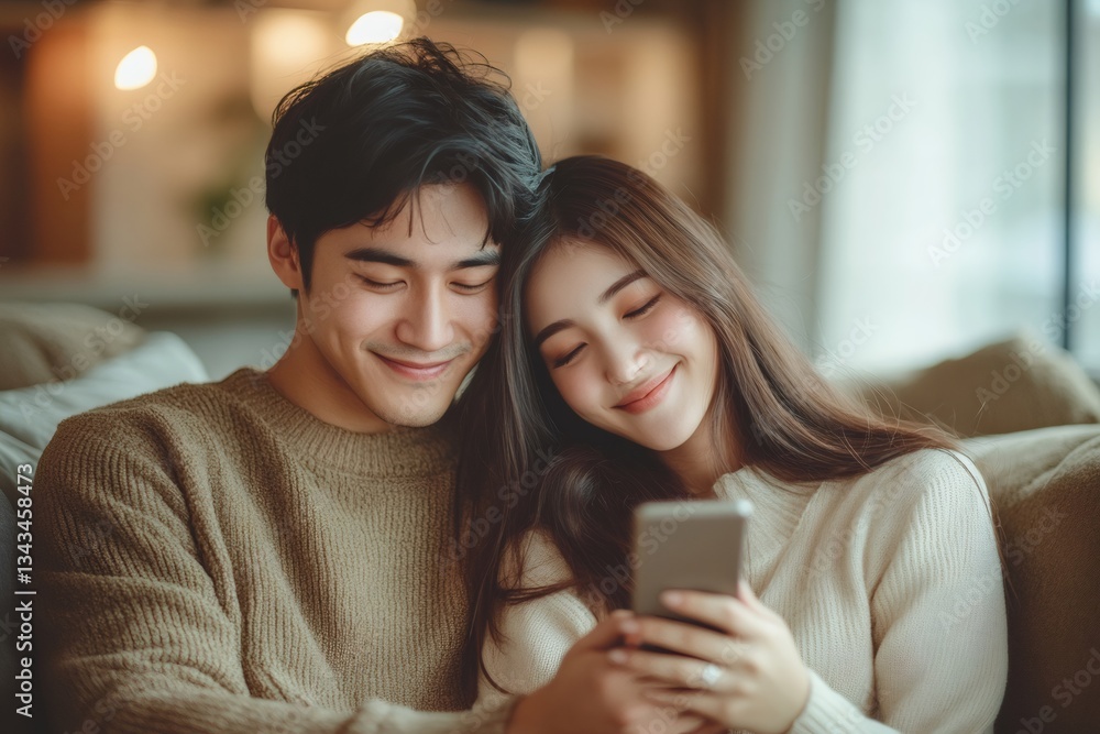 Happy asian couple relaxing on sofa browsing smartphone at home Happy asian couple relaxing on sofa browsing smartphone at home