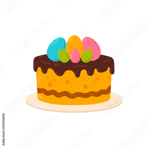 A festive Easter cake with a golden sponge base, topped with a rich chocolate glaze and colorful eggs. A perfect addition to Easter celebrations and dessert-themed projects.