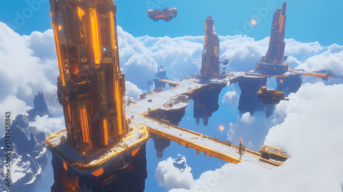 Futuristic sky city with ancient magical technology