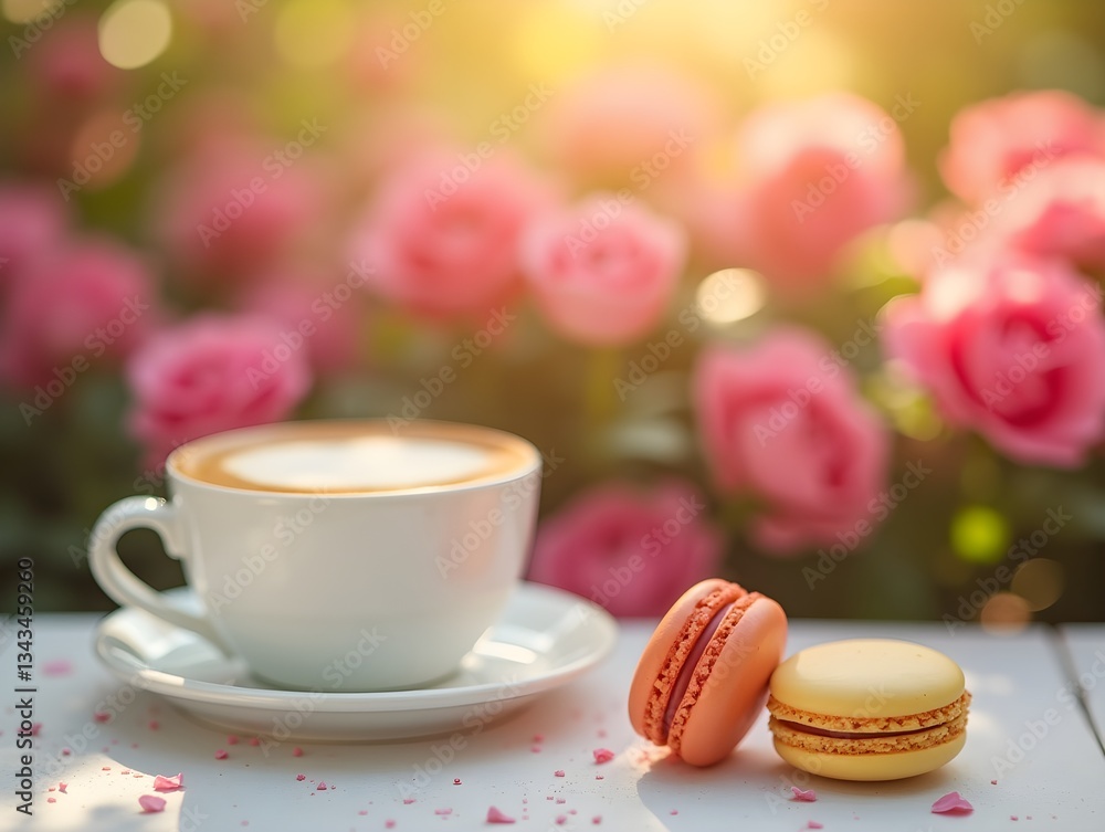 Cappuccino with macarons and blurred pink flowers background in a sunny garden Cappuccino with macarons and blurred pink flowers background in a sunny garden