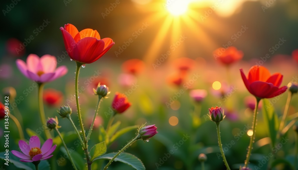 Naklejka premium Fresh dew drops glistening on vibrant wildflowers during sunrise, sunlight, dewy, wetlands