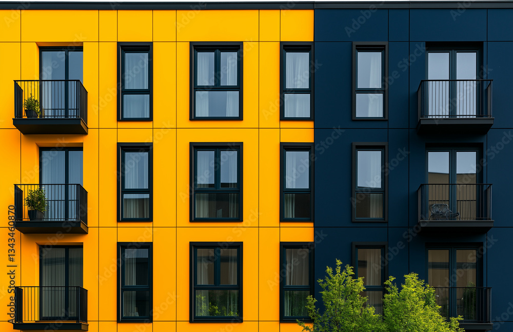 Obraz premium Modern building facade with contrasting yellow and black panels, featuring balconies and windows. vibrant colors create striking visual appeal