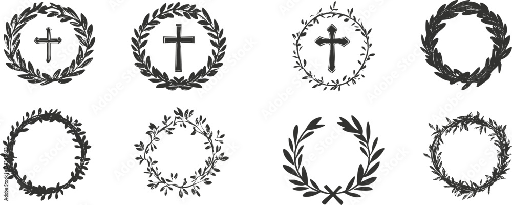 Fototapeta premium Set of eight decorative laurel wreaths and christian crosses in black and white design