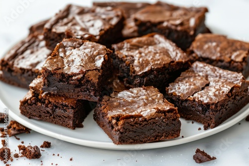 Decadent chocolate brownies on white plate. AI generated