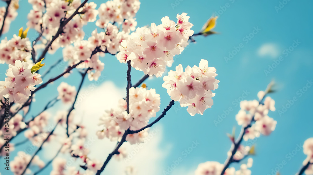 Cherry blossom branches in full bloom against a clear blue sky Cherry blossom branches in full bloom against a clear blue sky