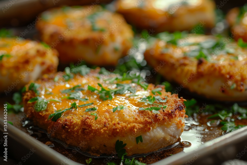 Breaded pork chop on white plate with parsley garnish. AI generated Breaded pork chop on white plate with parsley garnish. AI generated
