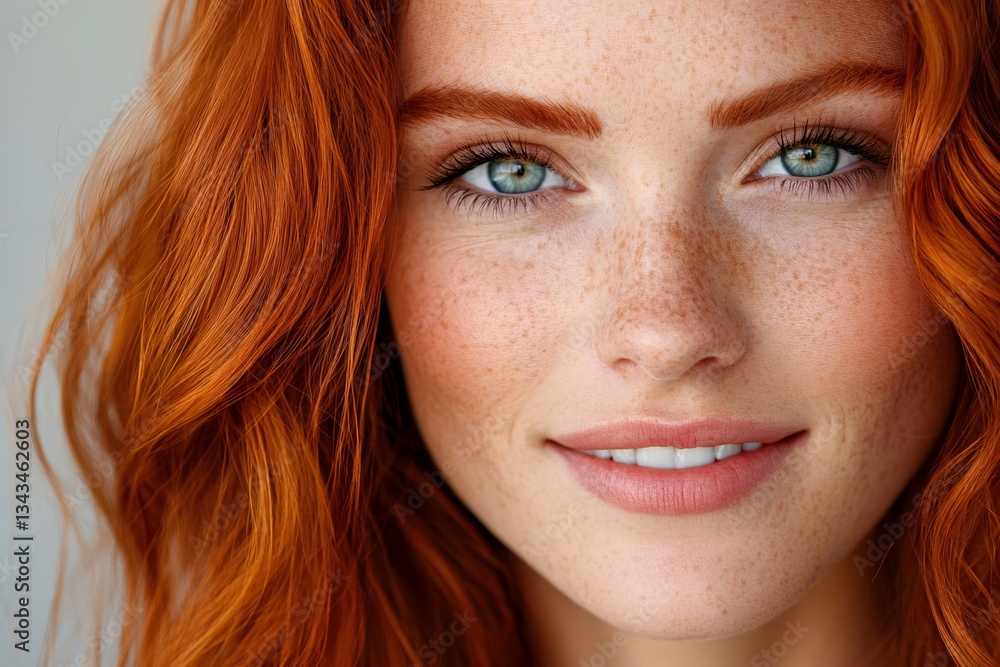 Obraz premium Portrait of smiling redhead model with freckles showing perfect skin and hair